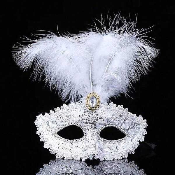 1pc Lace & Feather Half Face Masquerade Mask, Suitable For Wedding, Stage Decoration, Party Sexy Half Makeup (Artificial Feather)
