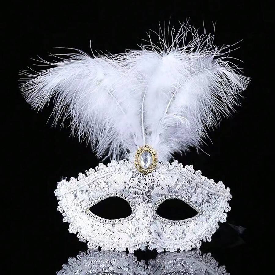 1pc Lace & Feather Half Face Mask, Suitable For Wedding, Stage Decor, Party Sexy Half Makeup (Artificial Feather)