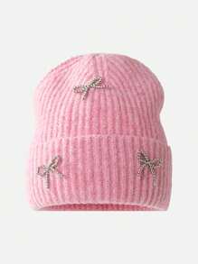 1pc Autumn/Winter New Butterfly Pearl Decor Knit Beanie Hat, Versatile Women Large Head Circumference Ear Warmer Beanies - 1pcs - View 6
