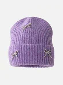 1pc Autumn/Winter New Butterfly Pearl Decor Knit Beanie Hat, Versatile Women Large Head Circumference Ear Warmer Beanies - 1pcs - View 7