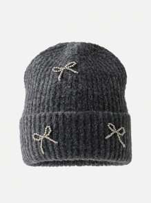 1pc Autumn/Winter New Butterfly Pearl Decor Knit Beanie Hat, Versatile Women Large Head Circumference Ear Warmer Beanies - 1pcs - View 10