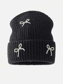 1pc Autumn/Winter New Butterfly Pearl Decor Knit Beanie Hat, Versatile Women Large Head Circumference Ear Warmer Beanies - 1pcs - View 11