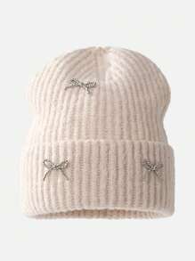 1pc Autumn/Winter New Butterfly Pearl Decor Knit Beanie Hat, Versatile Women Large Head Circumference Ear Warmer Beanies - 1pcs - View 4