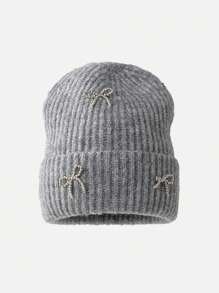 1pc Autumn/Winter New Butterfly Pearl Decor Knit Beanie Hat, Versatile Women Large Head Circumference Ear Warmer Beanies - 1pcs - View 9