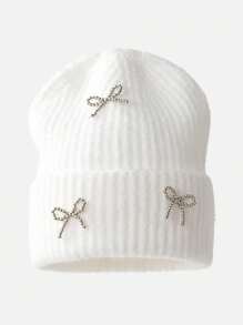 1pc Autumn/Winter New Butterfly Pearl Decor Knit Beanie Hat, Versatile Women Large Head Circumference Ear Warmer Beanies - 1pcs - View 3