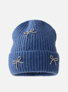 1pc Autumn/Winter New Butterfly Pearl Decor Knit Beanie Hat, Versatile Women Large Head Circumference Ear Warmer Beanies - 1pcs - View 8