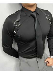 Men's Dress Shirt Long Sleeve Slim Fit Casual Mega Offer - 黑色 - 查看 3