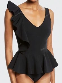 Traje de baño de una pieza de un solo color a la última moda para mujeres, estilo ajustado y sexy con volantes asimétricos, diseño con control de abdomen, escote en V para vacaciones en la playa o la piscina en verano