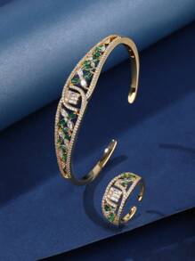 Bộ trang sức 2 chiếc vòng tay và nhẫn có thể điều chỉnh, với những viên đá Cubic Zirconia đầy màu sắc được lát thiết kế trang nhã, thích hợp làm quà tặng và trang phục hàng ngày cũng như lễ hội của các quý cô - màu vàng - Xem 10