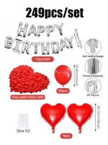 Juego de 249 piezas de decoración para fiesta de cumpleaños en rojo, que incluye: Pancarta con globo "Feliz Cumpleaños" en plata, globos de látex, globos de helio en forma de corazón con confeti y pétalos de rosa, adecuado para suministros de fiesta de cumpleaños con tema rojo para hombres y mujeres, decoraciones para reuniones familiares, Día de San Valentín, montaje de letras "Feliz Cumpleaños" en inglés, decoraciones para la escena de la fiesta - Multicolor - Ver 3