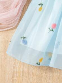 女婴蝴蝶与花卉刺绣无袖网眼覆盖连衣裙 - 淺藍色 - 查看 3