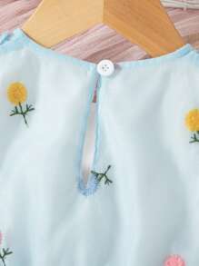女婴蝴蝶与花卉刺绣无袖网眼覆盖连衣裙 - 淺藍色 - 查看 8