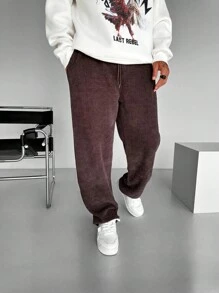 男士灯芯绒直筒休闲工装裤，纯色，简约风格，适合日常穿着 - 鏽棕色 - 查看 2