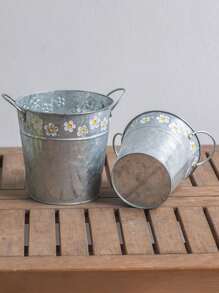 1 pezzo Vaso da fiori in ferro vintage lavorato a rilievo, vaso da fiori in latta bianca vintage con manici in legno stile giapponese Mori, vaso ovale per balcone, fattoria, giardino, esterno, vaso da tavolo per piante, secchio in ferro per piante da esterno, decorazione per giardino e casa