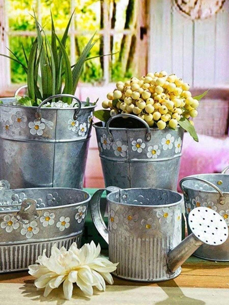1 pezzo Vaso da fiori in ferro vintage lavorato a rilievo, vaso da fiori in latta bianca vintage con manici in legno stile giapponese Mori, vaso ovale per balcone, fattoria, giardino, esterno, vaso da tavolo per piante, secchio in ferro per piante da esterno, decorazione per giardino e casa