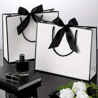 5 bolsas de regalo grandes con asas de cuerda de yute, bolsas de papel elegantes adecuadas para bodas, cumpleaños, Halloween, Acción de Gracias, Año Nuevo - Colores surtidos (blanco, negro, dorado) - Papel de unicolor versátil