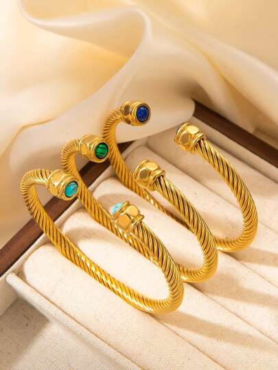 18K Gold Plated Stainless Steel Twisted Bangle With Turquoise Inspiration, Adjustable, High Gloss, Non-Fading, Suitable For Women's Daily Wear And Valentine's Day Gift, Ideal Friendship Accessory, Gift For Mom, Mother, Mother's Day