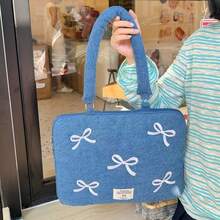 1pc New 13.7 Inch Washed Denim Laptop Bag With Bow Embroidery - Blue - View 3