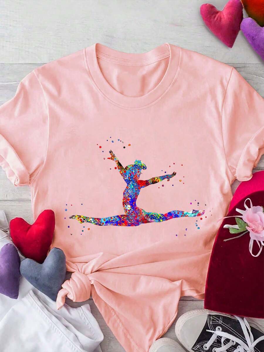 年轻女孩可爱芭蕾女孩印花圆领休闲 T 恤，夏季 - 粉色 - 查看 1