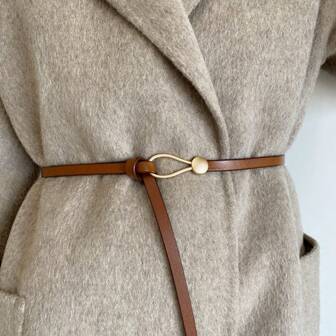 1pc Women's Slender Waist Belt, Versatile Knotted Decor Leather Belt, Fashionable Black Color Suitable For Dresses And Sweaters