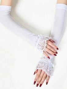 1 Pair Solid Color Knitted Lace Trim Arm Warmers For Women, Black & White, Mid-Length Knitted Sleeve Cuffs, Autumn/Winter - Multicolor - View 3