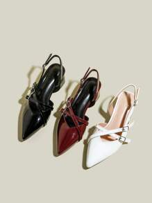 女士酒红色漆皮尖头绑带粗跟高跟鞋，优雅尖头正式高跟鞋，时尚露跟高跟鞋