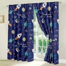 1 Set / 2 Stück Cartoon Weltraum Vorhänge, 100% Polyester halbtransparent - UV-Schutz Gardinen, mit Motiven von Galaxie, Rakete, Astronaut, Universum, Planet Fensterdekorationen, coole 3D-bedruckte Fenstervorhänge mit Themendesign