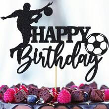 1 件足球蛋糕装饰生日快乐标志足球运动员蛋糕装饰运动主题男士生日派对用品 - 黑色 - 查看 6