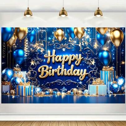 1pc Happy Birthday Banner, Blue And Gold Celebration Decor With Balloons And Gift Design, Party Background Prop, Photography Accessories
