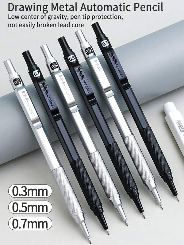 1pc Automatic Mechanical Pencil, Student Drafting, 3 Sizes 0.3mm/0.5mm/0.7mm, Artist Sketching, Painting, Drawing, Silver & Black Color, Refill Lead, High-Quality Design Back To School
