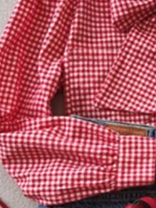 红色格子野餐风长袖女式衬衫，袖口系带，休闲日常穿着，适合早餐、通勤等各种场合，四季皆宜，春季百搭。 - 紅色 - 查看 4