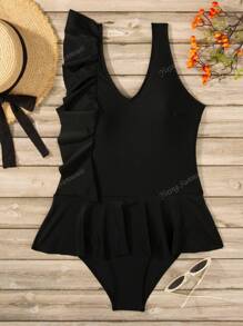 Traje de baño de una pieza de un solo color a la última moda para mujeres, estilo ajustado y sexy con volantes asimétricos, diseño con control de abdomen, escote en V para vacaciones en la playa o la piscina en verano