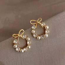 1 Pair Golden Bowknot Faux Pearl Decor Elegant Round Design Bridal Earrings Valentines