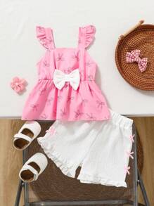 2pcs Baby Girl Casual Ruffle Hem Bow Top And Shorts Set, Spring/Summer - Multicolor - View 1