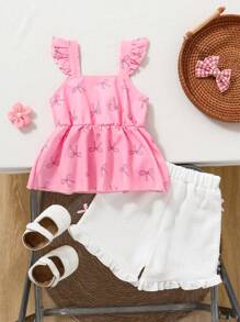 2pcs Baby Girl Casual Ruffle Hem Bow Top And Shorts Set, Spring/Summer - Multicolor - View 2
