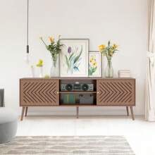 TV Stand With Shelf And Cabinet Storage 2 Sliding Doors For 60 70 Inch TV Walnut