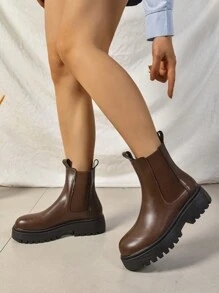 Women's Platform Boots, Fashionable And Versatile Black Shiny Synthetic Leather Chelsea Ankle Boots, Black Utility Boots For Spring, Autumn And Winter. Can Be Worn For Daily Outfit, Party, Wedding, And Other Occasions. Suitable To Pair With Jeans, Dresses, Skirts, Leather Trousers, Coats, Sweaters, Down Jackets, Hoodies, Leather Jackets, And Blazers.,Boots For Women - Brown - View 7