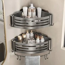 Kệ góc vòi hoa sen đục lỗ miễn phí: Kệ màu đen cho tường phòng tắm, Kệ góc dính cho vòi hoa sen, Kệ góc nổi gắn tường trang trí phòng tắm gia đình - Màu xám đen - Xem 2