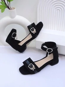 Summer New High Heel Children Sandals, Fashion Versatile Flower Decor Anti-Slip Soft Bottom Girls Mid-Heel Sandals, Open Toe, Suitable For Daily Wear, Performance, Party - Black - View 3