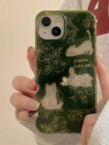 可爱猫咪与花卉素描设计保护性手机壳，适用于 15 Pro Max、 14 Pro、 13 Pro、 11、 12、艺术羽毛透明绿色全覆盖 - 綠色 - 查看 3