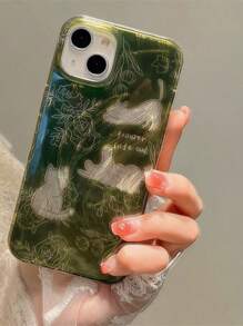 可爱猫咪与花卉素描设计保护性手机壳，适用于 15 Pro Max、 14 Pro、 13 Pro、 11、 12、艺术羽毛透明绿色全覆盖 - 綠色 - 查看 4