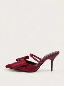 Zapatos de tacón alto de punta fina color vino tinto con decoración de lazo, brillante, elegantes para fiesta y banquete - Burdeos - Ver 2