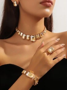 1 conjunto de colar de cristal geométrico de luxo feminino, brincos, pulseira e anel, cravejado de strass, conjunto de joias da moda, versátil para vestidos de noite - Conjunto de quatro peças de cristal geométrico - Ver 10
