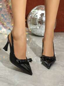 Women Casual Party High Heels Pointed Toe Cut-Out Pearl Rhinestone Embellished Pumps, Brown & Black Dress Shoes, Spring/Summer - Black - View 2