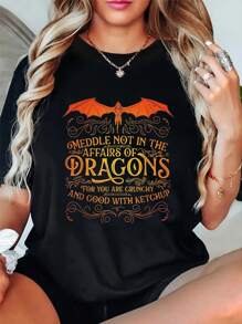 Dragon Print Round Neck Short Sleeve T-Shirt For Women Casual, Summer , Women Top Graphic Tees Women Tops
