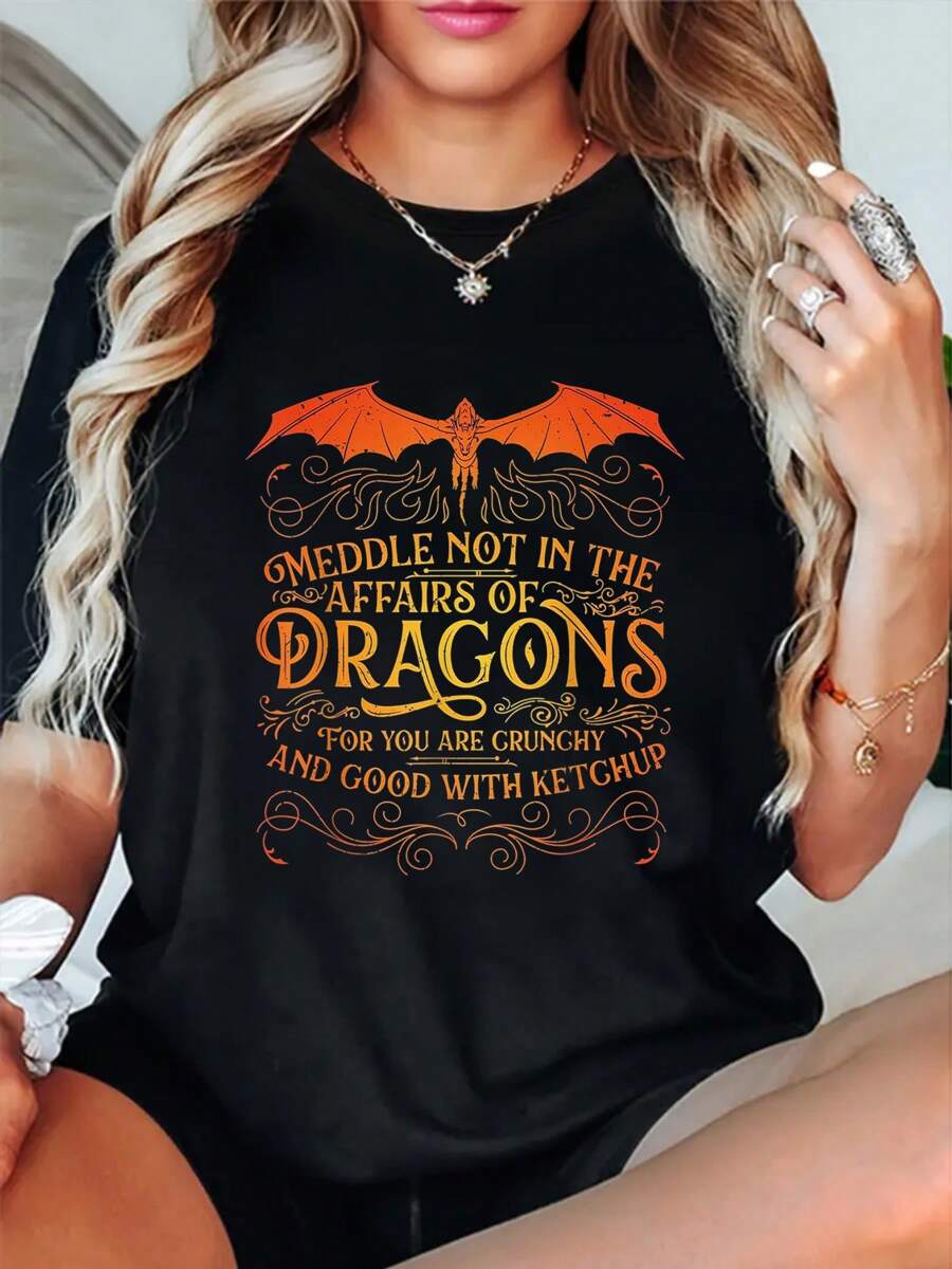 Dragon Print Round Neck Short Sleeve T-Shirt For Women Casual, Summer , Women Top Graphic Tees Women Tops