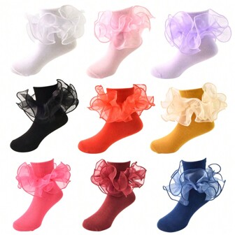 1 双女童蕾丝荷叶边短袜，透气舒适芭蕾公主袜