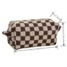 Checkerboard Pattern Knitted Cosmetic Bag, Contrast Color Yarn Storage Pouch Toiletry Bag, Large Capacity Organizer Pencil Case,Back To School,School Supplies - Multicolor - View 2
