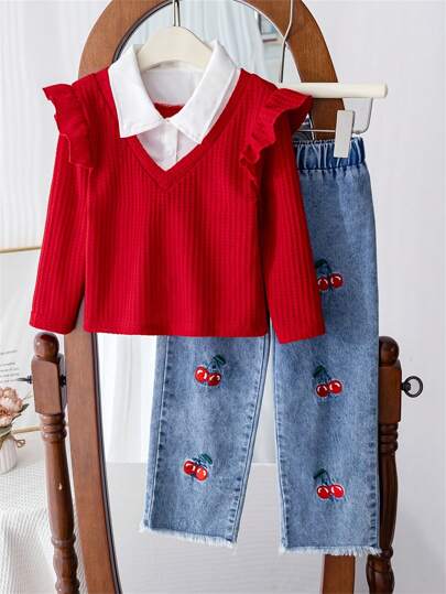 2pcs Young Girls Casual Long Sleeve 2 In 1 Top And Denim Long Pants Set