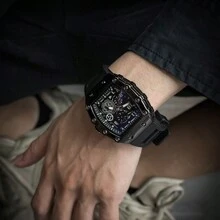 EA 1pc Men's Black Rubber Strap Racing-Themed Hollow Design Stylish Timepiece With Barrel-Shaped Gift Box Packaging, Cool Personalized Fashion Holiday Gift For Him, Christmas Gifts